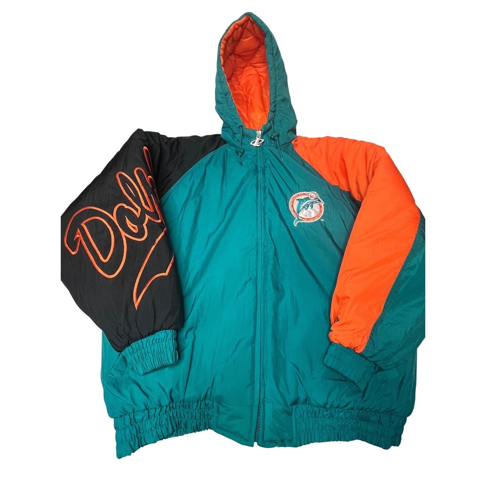 Vintage Miami Dolphins Logo Athletic Puffer Jacket Mens XL Aqua Orange 90s NFL